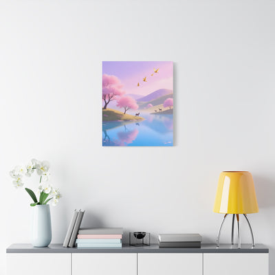 Pastel Lake and Cherry blossom Matte Canvas