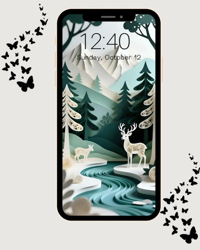Phone screen displaying a nature-themed wallpaper with deer and mountains, surrounded by black butterflies on a light gray background.